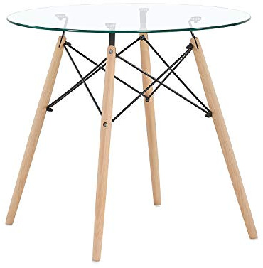 H.J WeDoo Cocina Mesa de Comedor Mesa de Cristal, Estilo escandinavo Ronda Mesa y Patas de Madera de Haya, 80 * 75 cm, Templado Cristal