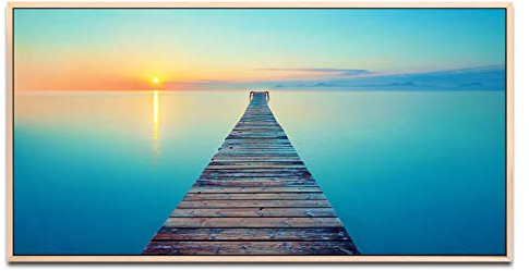 Steg am Meer ca. 130x70cm Wandbild inklusive Schattenfugenrahmen naturfarbend - Panorama Leinwand Bild XXL Format Wandbilder Wohnzimmer Wohnung Deko Kunstdrucke