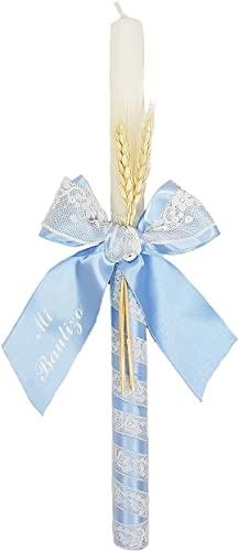 Vela para Bautizo - Vela Bautismal – Candela de Bautizo decorada - Cirio Sacramental - Modelo París – Celeste- Nenel