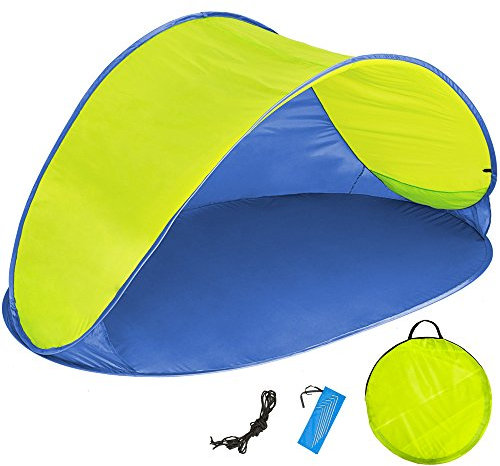 tectake® Strandmuschel Pop Up Zelt 2 Personen, Wurfzelt 220x120x100cm, Strandmuschel UV Schutz, Windschutz Strand Zubehör, Windschutz Camping, Sonnenschutz Garten, Campingzelt, Bikepacking - blau/gelb