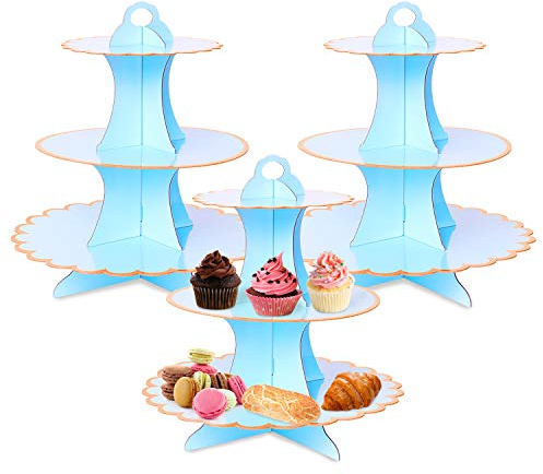 Cupcake Stand,3 Set of 3-Tier Dessert Plates Mini Cakes Fruit Candy Display Tower Cookie Tray Rack Candy Buffet Holder Cake Stand Cardboard Cupcake Stand Tiered Serving Stand (Blue)
