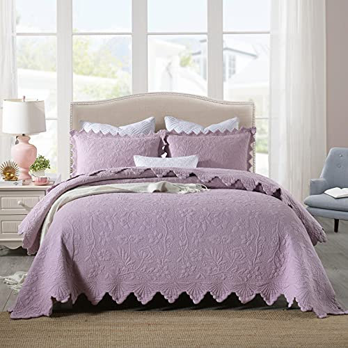 XIUWOUG Baumwolldecke Tagesdecke Wohndecke Quilt Mit 2 Kissenbezug, Bettüberwurf Bettwäsche Weich & Komfort Gesteppte Decke Für Doppelbett,Rosa,240x260cm