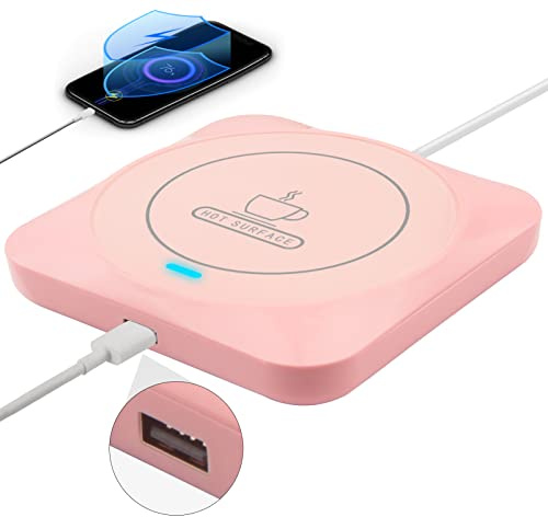 USB Coffee Mug Warmer: Candle Wax Warmer Smart Electric Cup Warmer Charge for Phone Home Desk Office Use Beverage Heating Plate with Gravity Switch for Hot Cocoa Milk Tea Water Pink