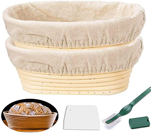 Brotgärkörbchen Brotgärkorb 2er Set Rund Brotgärkörbchen inklusive Teigschaber und Leinenset Geflecht Beige Handgefertigte Rattanschale