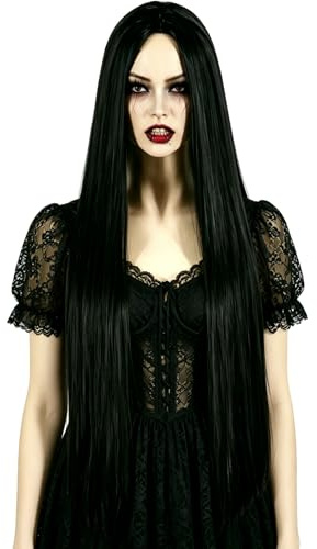 LeMarnia Damen Schwarze Lange Gerade Perücke Halloween Cosplay Kostüm Perücke