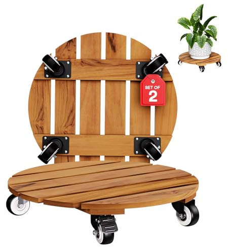 Idzo 2-Pack 14 Inch Acacia Wood Rolling Round Plant Caddy, Plant Caster for Heavy Duty Plant Stand with 360° Lockable Wheels, 264 lbs Capacity Caddy for Indoor and Outdoor Use, Natural Wood