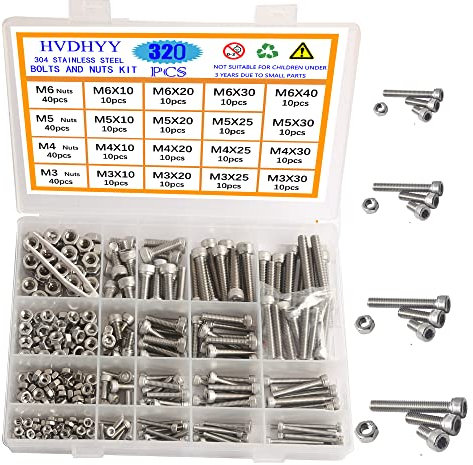 HVDHYY M3 M4 M5 M6 Nut and Bolt set Machine Screws & Nuts Assortment kit 304 Stainless Steel Hex Socket Button with a Reusable Storage Box (320pcs)
