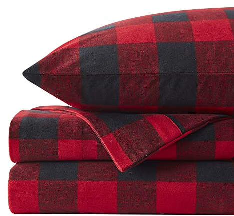 Flannel Sheets Warm and Cozy Deep Pocket Breathable All Season Bedding Set with Fitted, Flat and Pillowcases, Queen, Buffalo Check Plaid Burgundy
