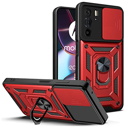 DESSEN Funda para Motorola Moto E20 / E30 / E40, Carcasa de Silicona Suave de TPU/PC y Lente Cover, con Magnético Soporte de Anillo Giratorio, Golpes Bumper Case. Rojo