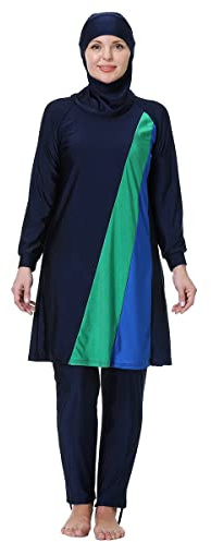 Burkini Damen Muslim Lang Große Größen Muslimische Badeanzug Frauen Langarm Druck UV Shirt+Schwimmhose+Badekappe Hijab Ganzkörper Islamisch Arabisch Modest Bademode Schwimmanzug Dunkelblau #2 8XL