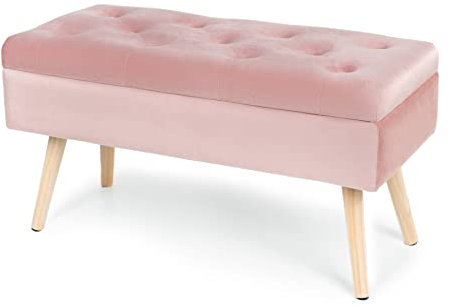 Hawthyhome Sitzbank mit Stauraum 80 × 35 × 43 cm, Sitztruhe mit Aufbewahrungsbox Truhenbank Samt Polsterbank mit Holzbeine für Flur Wohnzimmer Schlafzimmer Rosa