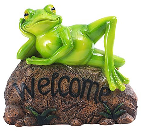 MFFIRE Gartenfiguren Charmanter Frosch mit Willkommensschild Stein Mikro-Landschaften Durable Polyresin Craft Ornament Skulptur Dekoration Für Rasen Teich
