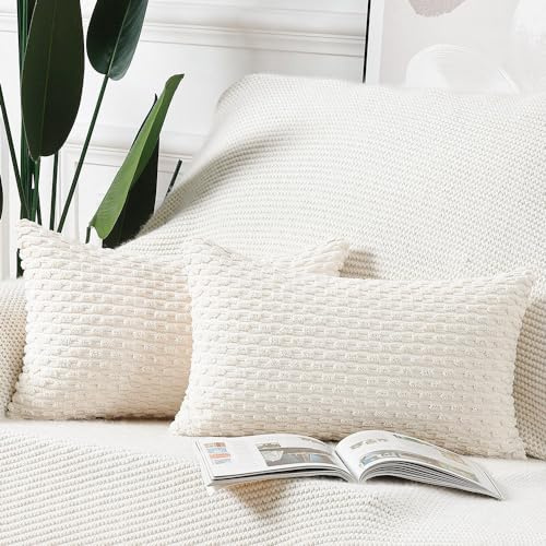 Madizz 2er Set Boho Gestreifte Kissenbezüge Weicher Kord Dekorativer Kissenbezug für Schlafzimmer Sofa Kissenhülle Creme Weiß 40 x 60 cm