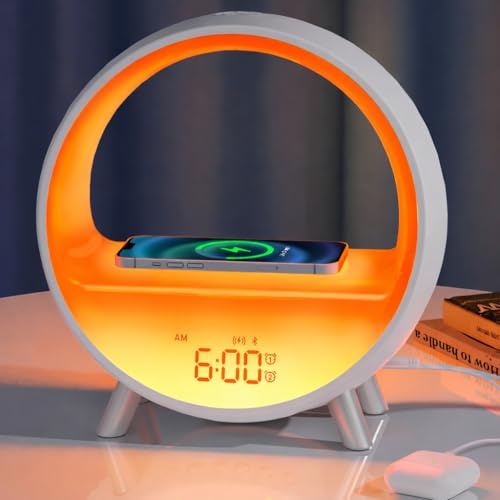 MOMILLA Sunrise Alarm Clock with Wireless Charging Station, Bluetooth Speaker, White Noise Sound Machine, Night Lights Table Lamp, Alarm Clocks for Heavy Sleepers Bedrooms Kids/Baby/Adults