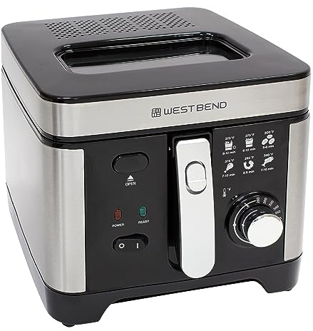 West Bend Deep Fryer with Adjustable Temperature Control Nonstick Basket Easy-View Window and Temperature Guide, Folding Handle and Locking Cover for Easy Storage, 3-Liter, Silver