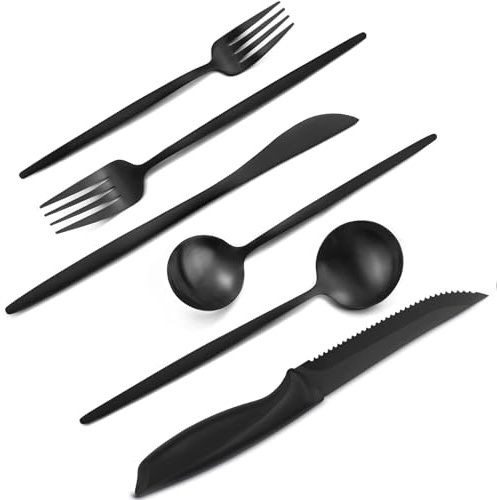 VANVRO Set di posate da 48 pezzi nero opaco con coltelli da bistecca, set di posate da tavola con finitura satinata, per casa e ristorante, servizio per 8 persone, lavabile in lavastoviglie