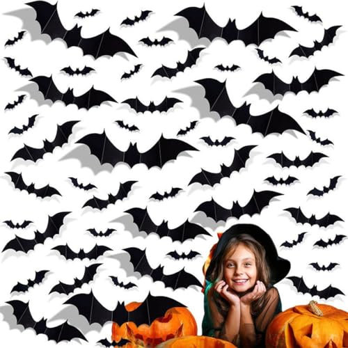 INGJIA 32 Stück Halloween 3D Fledermaus Deko, Wandaufkleber in 4 Verschiedenen Größen, Wasserdichtes PVC, Gruseliges Schwarzes, Abnehmbares Fledermaus DIY Halloween Deko Set für Fensterdeko