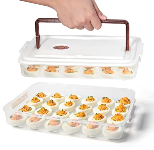 PIUGERU Deviled Egg Containers with Lid, (Set of 2), Plastic Deviled Egg Tray Carrier with Handle for 48 Eggs, Clear Storage Egg Platter for Devil Egg, Fridge Stackable Portable Egg Holder