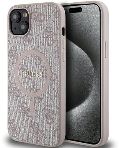 Guess GUHMP14SG4GFRP Hülle für iPhone 14/15 / 13 6.1 Rosa hardcase 4G Collection Leather Metal Logo