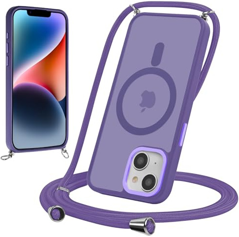 Yoedge Magnetica Cover per iPhone 14/iPhone 13 6,1 con Cordino,Compatibile con MagSafe, Custodia Traslucida Opaca Hard PC Sottile TPU Antiurto Protettiva Case con Tracolla Laccio Corda Collana, Viola