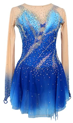 JRUIA Eiskunstlauf Leistung Kleid Für Mädchen Eislauf Wettkampf Kostüm Für Damen Langarm Trikots Für Rhythmische Gymnastik Strass Handgefertigt Gradient,Blau,XXXL