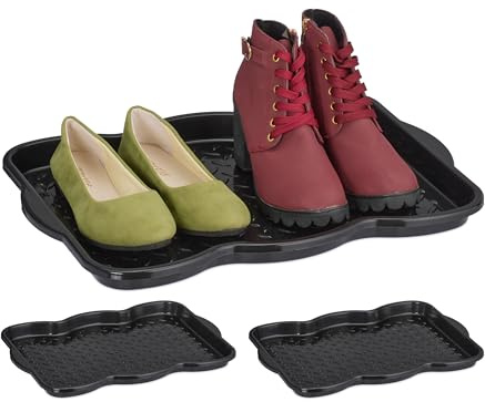 Relaxdays Schuhabtropfschale 3er Set, Kunststoff, Schuhablage 2 Paar Schuhe, Schuhabsteller, HBT 3 x 48 x 34 cm, schwarz | Schuhablage 2 Paar Schuhe, Schuhabsteller, HBT 3 x 48 x 34 cm