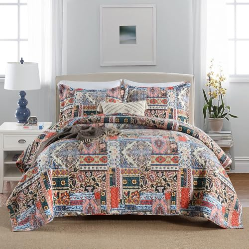 VISIMISI Tagesdecke 220x240cm Baumwolle Bettüberwurf, Bettdecke mit 2 Kissenbezüge,Braun Blumen Böhmen Stil Steppdecke Gesteppte für Doppelbett (Bunte Böhmisch, 230x250cm)