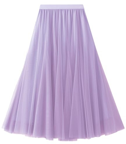 Tyllkjol dam A-linje elastisk hög midja midikjol mesh stor fåll lång kjol elegant veckad kjol sommarkjol, Ljuslila, one size