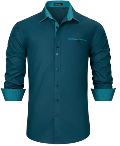 Enlision Chemise Homme Manches Longues Turquoise Regular Fit Col Contrasté Elégante Infroissable sans Repassage Chemises Casual Homme avec Poche de Mariage Cérémonie Cocktail XL