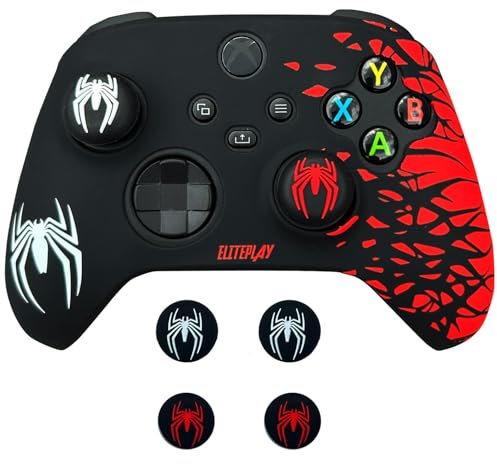 ElitePlay Black and Red Spider Anti-Slip Silicone Cover Skin for Xbox Controller, Soft Rubber Case for Xbox Series X, Series S and Xbox One Wireless Controller With 2 Sets Thumb Grips