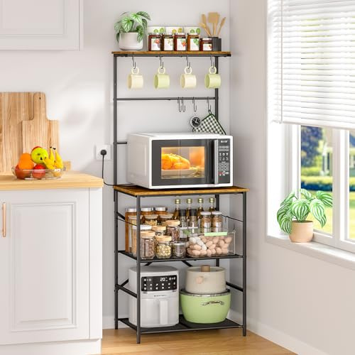 4 Tier Coffee Bar Station, Kitchen Stand with 8 S-Shaped Hooks, Large Space Coffee Station Table, Farmhouse Coffee Bar Shelf, Bakers Rack for for Kitchen, Living Room, 23.62 W x 15.74 D x 57.13 H