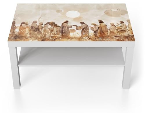DEQORI Glastisch | weiß groß 90x50 cm | Motiv Himmlische Versammlung | ausgefallener Beistelltisch aus Glas | Hochglanz Couchtisch fürs Wohnzimmer | moderner Couch Tisch mit Design