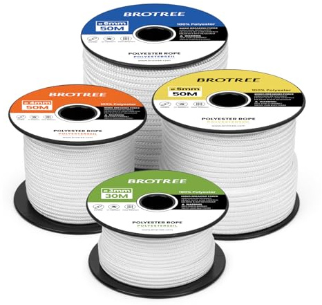 Brotree Corda in Poliestere 4mm x 30m Bianco in Bobina - Corda Intrecciata Multiuso per Esterno, Nautica, Ormeggio, Giardino, Drizza - 300KG Carico di Rottura