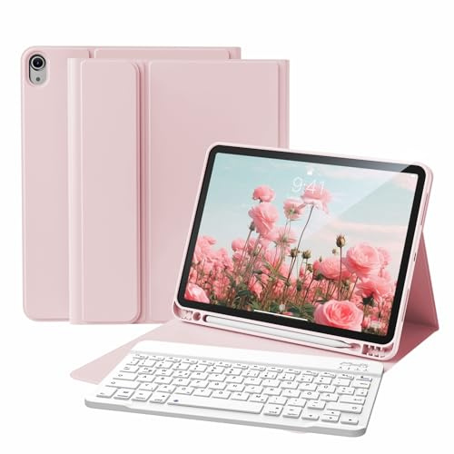 KVTVOU Hülle mit Tastatur für iPad A16 11. Gen, iPad 10. Gen, Rosa | Magnetische Bluetooth-QWERTZ-Tastatur für iPad 11 2025 / iPad 10 2022, TPU Stoßschutz Hülle mit Stifthalter, Auto Wake/Sleep