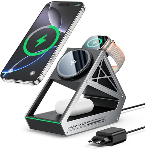NANAMI 3 in 1 MagSafe Ladegerät mit 30W Netzteil, Qi2 15W iPhone Wireless Charger, Apple Watch Schnellladen 5W für Watch 11/10/9/8/7/Ultra/Ultra2, Ladestation für iPhone 17/16/15/14/13/12 & AirPods
