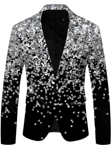 YOSUWOAI Veste à paillettes pour homme - Coupe ajustée - Costume de carnaval - Tenue brillante - Blazer - Un bouton - Smoking des années 70 et 80 - Disco - Avec col à revers - Confortable - Veste de