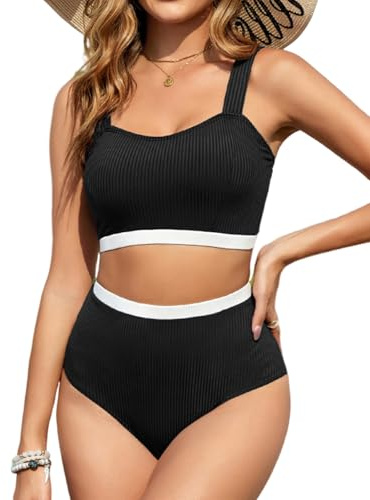 Tuopuda Maillot de Bain Femme 2 Pieces Taille Haute Push Up Sport Bikini Deux Pièces Fileté Haut avec Bas de Maillot de Bain Femme Swimwear de Plage Beachwear Été