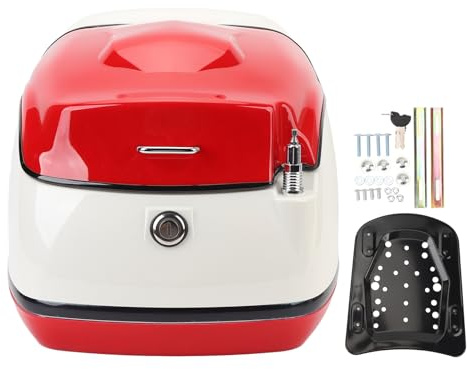38L Motorcycle Top Case Fashionable Look Water Ample Space Trunk Top Box Scooter Electric Bike (Red White)