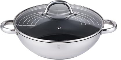 Gustav Voss Edelstahl Wok-Pfanne mit Deckel und Ablagegitter Ø 28cm Serie Sevilla Wokpfanne mit Glasdeckel Wok