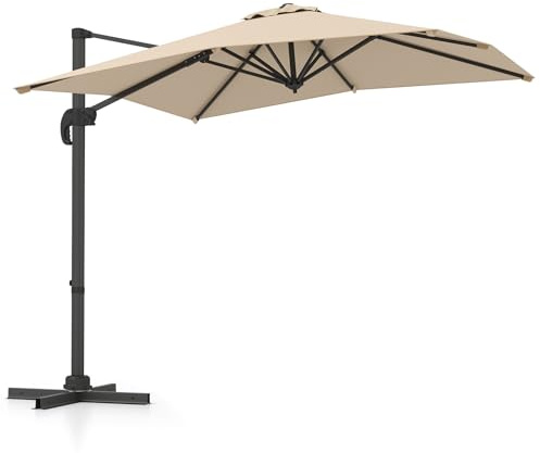 GOPLUS Sonnenschirm rechteckig, 250 x 250 cm, Ampelschirm 360° drehbar & neigbar, Gartenschirm mit Kurbel, Marktschirm Terrassenschirm für Pool, Rasen & Garten (Beige)