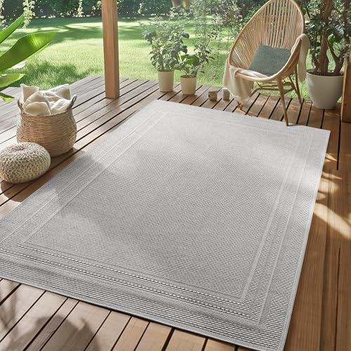 SIMPEX Outdoor Teppich Grau 140x200 cm Wetterfest UV-beständig Pflegeleicht Einfarbiges Design mit Bordüre für Küche Balkon Terrasse Garten Wohnzimmer