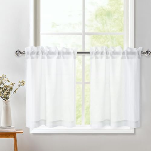 DWCN White Kitchen Curtains 36Drop Rod Pocket Voile Net Small Cafe Curtains | W25 x L36 Inch, 2 Panel, Light Filtering Short Curtain for Bathroom Wardrobe Nursery Window Treatment