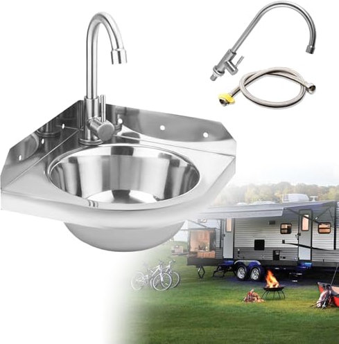 QYOEGSQ Wohnmobil-Spüle, Eckwaschbecken aus Edelstahl zur Wandmontage, Eckküchenspüle mit Wasserhahn, Abflussrohr for die Spüle, ideal for Wohnmobil, Boot, Badezimmer, Küche, Toilette
