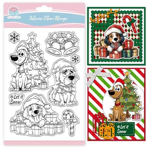 GLOBLELAND Silikonstempel Weihnachts Hunde Klare Silikon Stampl Weihnachtsbaum Geschenke Weihnachtsstempel Glocke Zucker Clear Stamps für DIY Journal Scrapbooking Fotoalbum Kartenherstellung