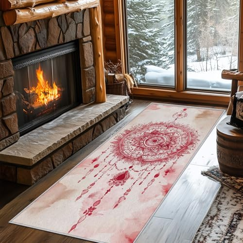Generisch Läufer Flur Mandala, Waschbarer Teppich Läufer Bohème Rot 60x120, Küchenteppich, Eingangsbereich, Bettvorleger, Schlafzimmer Deko, rutschfest, Kurzflor c48