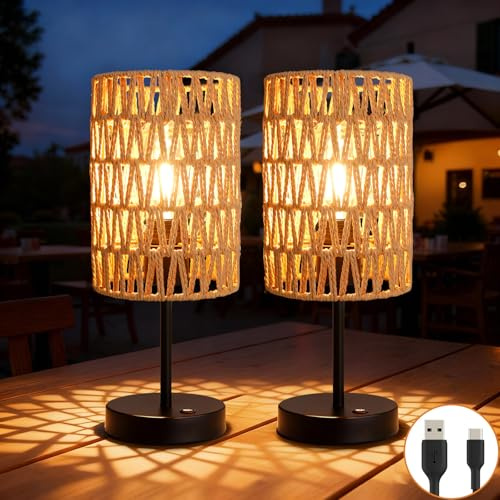ALL FORTUNE Rechargeable Outdoor Table Lamps, Rattan Boho Cordless Battery Operated Table Lamps, Patio Lamp for Living Room, Balcony, Bedside Decor- Set of 2 (Beige)