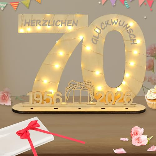 Seutgjie Originelle Geschenk 70. Geburtstag Frau Mann 1956-2026, 70 Geburtstag Deko Holz Schild Gästebuch, Geldgeschenke Geburtstag 70 Jahre mit LED Lichterkette Geschenkpapier