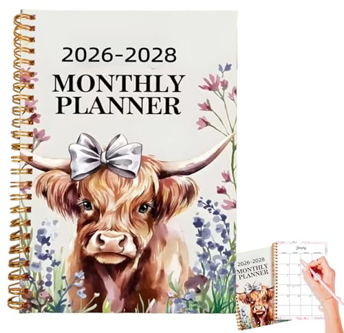 Agenda journalier 2026-2028 | Bloc-notes portable à reliures spirales de 50 pages, carnet de notes mensuel à motif de bétail | pour enfant Écriture Bureau École Maison Amis Vacances Noël Anniversaire