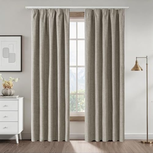 CUCRAF Verdunklungsvorhänge mit Kräuselband, 100% Blickdicht Gardinen H225 x B140 cm 2er Set Leinenoptik für Wohnzimmer Schlafzimmer Kinderzimmer Schienensystem