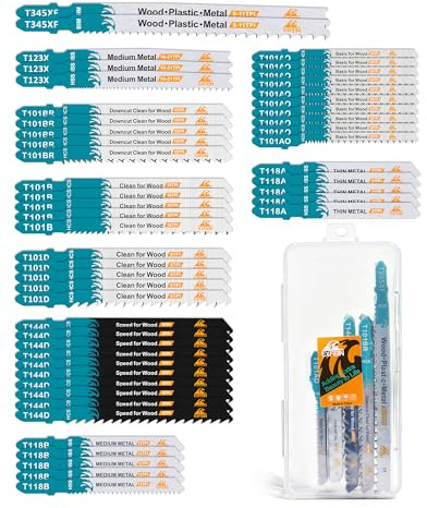 50PCS T-Shank Jig Saw Blades Set, EXFEIN Assorted Blades Made with HCS/HSS/BIM, for Wood, Plastic and Metal Cutting(T118A,T118B,T123X,T345XF,T101AO,T101B,T101BR,T101D,T144D)